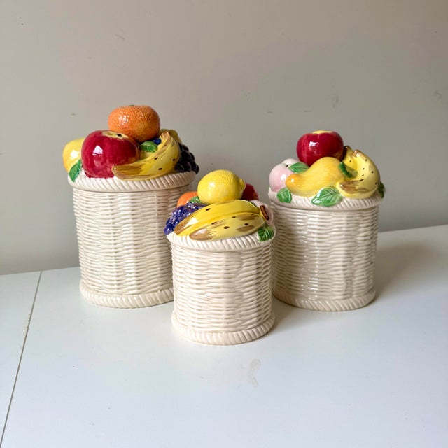 1980s Wicker and Fruit Motif Canisters: Set of 3 For Sale - Image 5 of 12