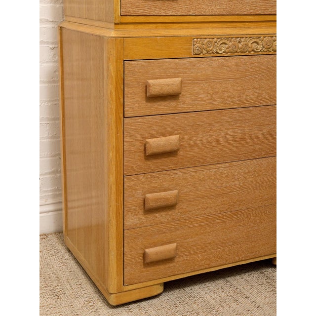 Early 20th Century Art Deco Blonde Wood Highboy Dresser With Carved Detail For Sale - Image 9 of 12