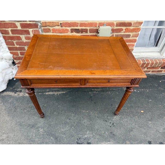 Wood Antique Victorian Style Tooled Leather Writting Table Desk For Sale - Image 7 of 17