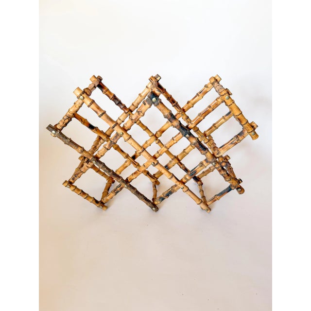 Mid-Century Modern Vintage Burnt Tortoise or Scorched Bamboo Collapsable 8 Bottle Wine Rack For Sale - Image 3 of 9