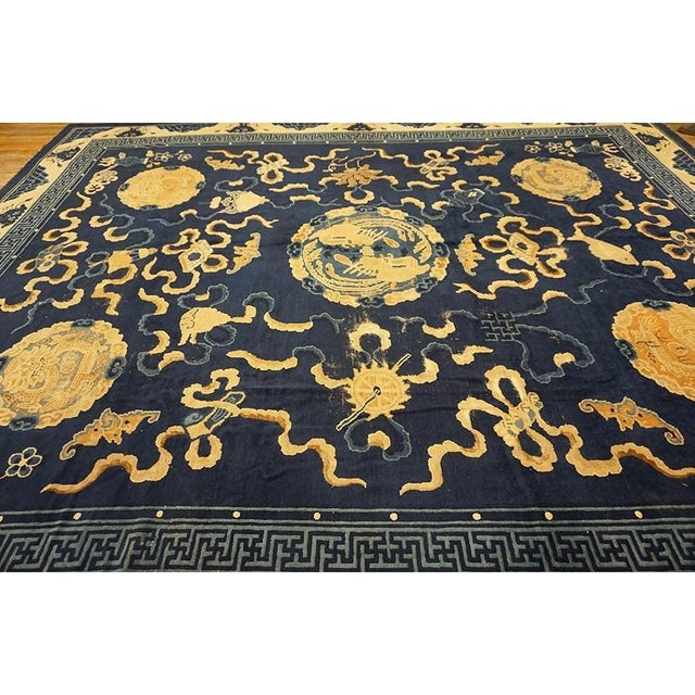Chinese Antique Traditional Elements Chinese Peking Floral Medallion Blue 1880s Rug For Sale - Image 3 of 10