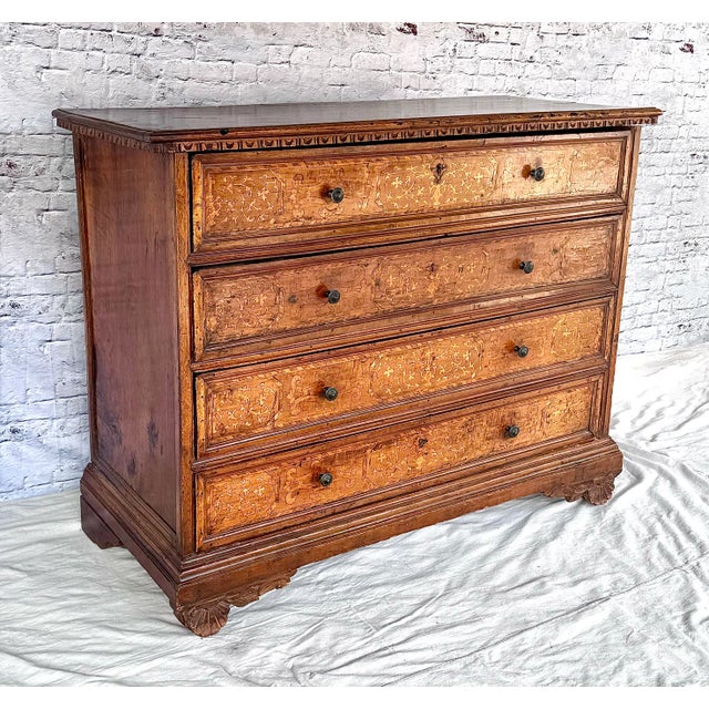 Italian 17th Century Italian Marquetry Inlaid Four Drawer Chest For Sale - Image 3 of 11