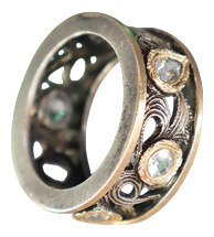Gold and Silver Ring with Cut-Out Reliefs and Inlaid Zirconias