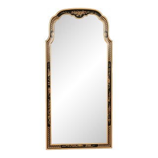 Drexel Heritage Hollywood Regency Chinoiserie Hand-Painted Black Lacquered Tall Wall Mirror For Sale