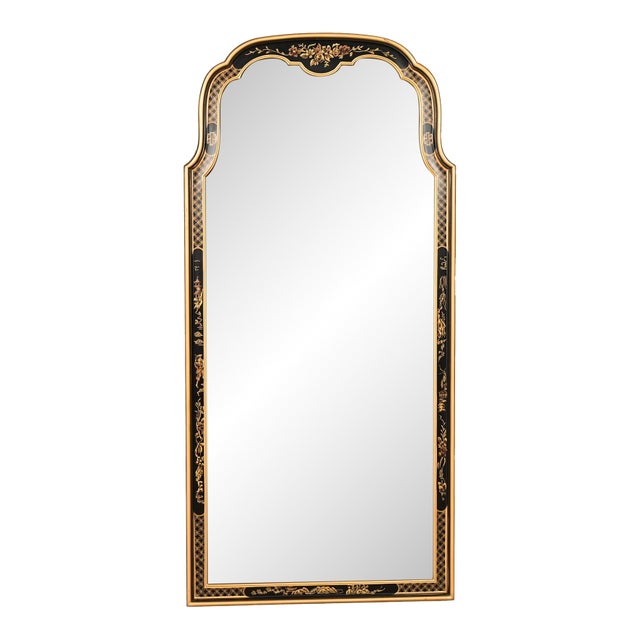Drexel Heritage Hollywood Regency Chinoiserie Hand-Painted Black Lacquered Tall Wall Mirror For Sale
