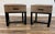 A handsome pair of Lane Home Furnishings end tables combining warm, distressed wood with clean-lined black metal bases....