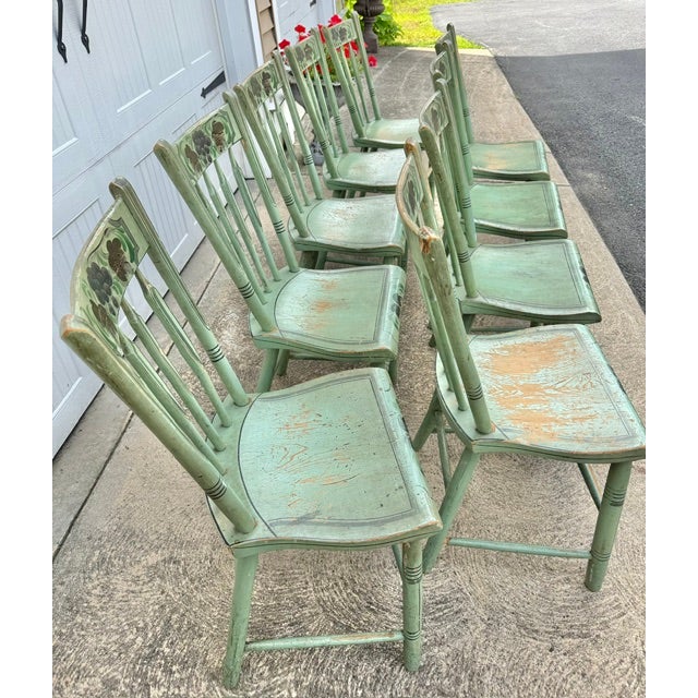 Green Set of 9 Antique Pennsylvania Thumb Back Chairs in Original Paint For Sale - Image 8 of 9
