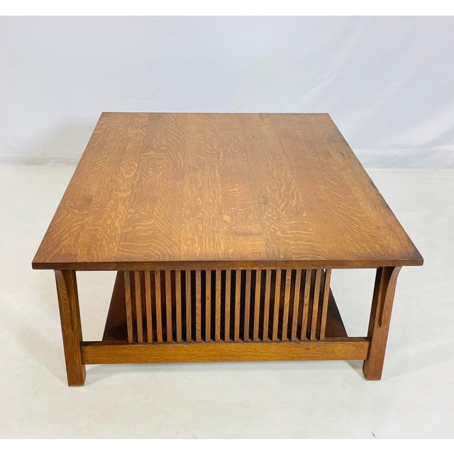 L. & J.G. Stickley, Inc. Stickley Mission Oak Coffee Table With Slatted Sides, Signed and Dated 1995 For Sale - Image 4 of 16