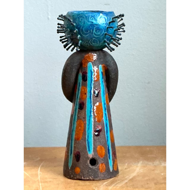 Metal Vintage Hand Painted Ceramic Figurine Candlestick For Sale - Image 7 of 12