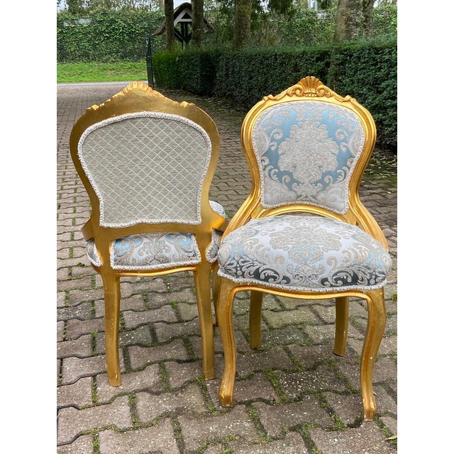 Pair of Vintage 1950s French Louis XVI Side Chairs – Gilded Beechwood & Elegant Damask Upholstery For Sale - Image 4 of 9