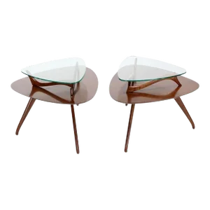 Organic Shape Rounded Triangle End Tables with floating Glass Tops MINT - A Pair