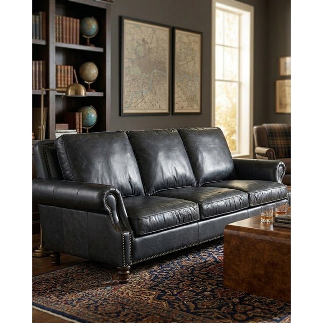 English Rolled Arm Sofa - Slate Leather For Sale - Image 9 of 9