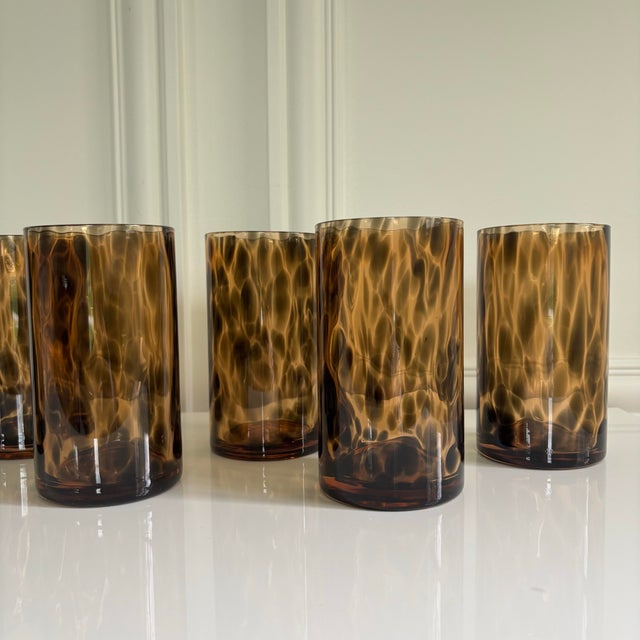Italian Tortoise Shell Print Amber Brown Highball Glasses - Set of 6 For Sale - Image 4 of 6