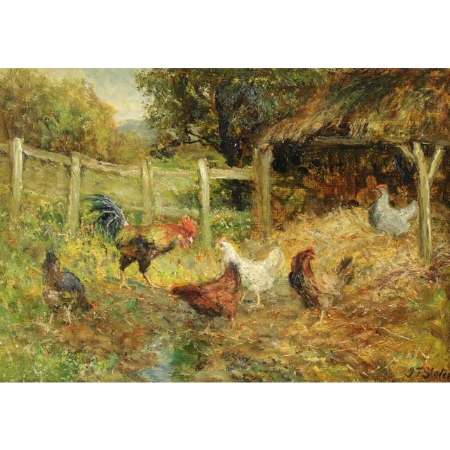 Fine quality 19th-Century oil on panel by listed British artist John Falconer Slater (1857–1937). Titled 'Chickens in a...