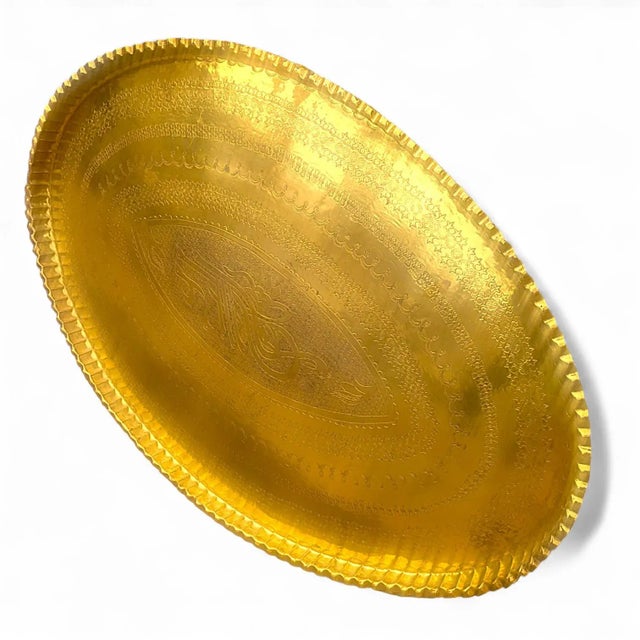 1940s Large Oval Islamic Art Handcrafted Etched Polished Brass Tray For Sale - Image 4 of 13