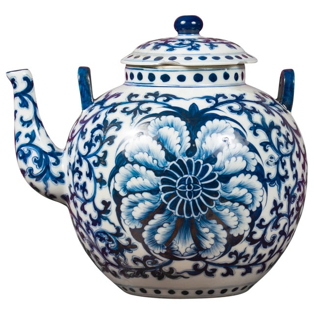 Chinese Vintage Blue and White Porcelain Teapot with Scrolling Foliage