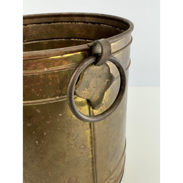 Rustic European Vintage Patinated Brass Planter With Shell Medallion & Ring Handles For Sale - Image 3 of 10