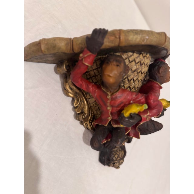 Late 20th Century Hollywood Regency Monkey Wall Shelf Whimsical Red Jacket Bracket With Bamboo Top For Sale In Nashville - Image 6 of 9