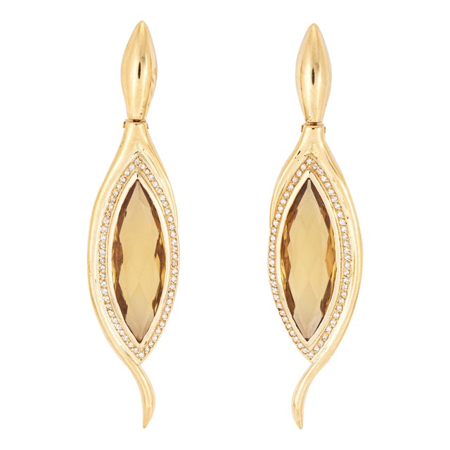 Vintage Citrine Diamond Earrings 18k Yellow Gold Pendant Drops Fine Jewelry, Pair For Sale