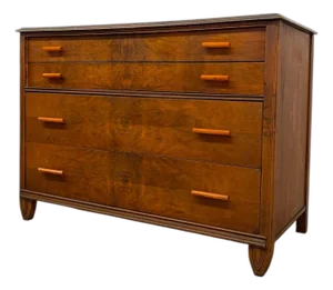 1970s Vintage Art Deco 4 Drawer Dresser With Book Matched Burl Wood Accents and Bakelite Pulls by Crescent Furniture Co