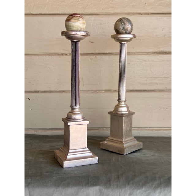 Grand Tour Neoclassical Carved Water Giltwood Columns With Marble Spheres - A Pair For Sale In Palm Springs - Image 6 of 9