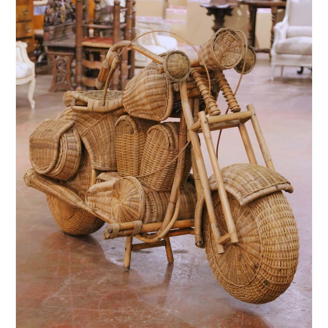 Mid-Century Modern Vintage Handwoven Wicker Motorcycle Sculpture Attributed to Tom Dixon For Sale - Image 3 of 14