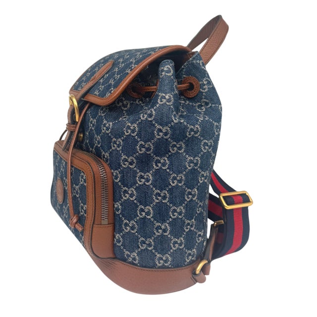 Contemporary Gucci Denim Gg Supreme Canvas and Brown Leather Backpack, Spring/Summer 2022. For Sale - Image 3 of 11