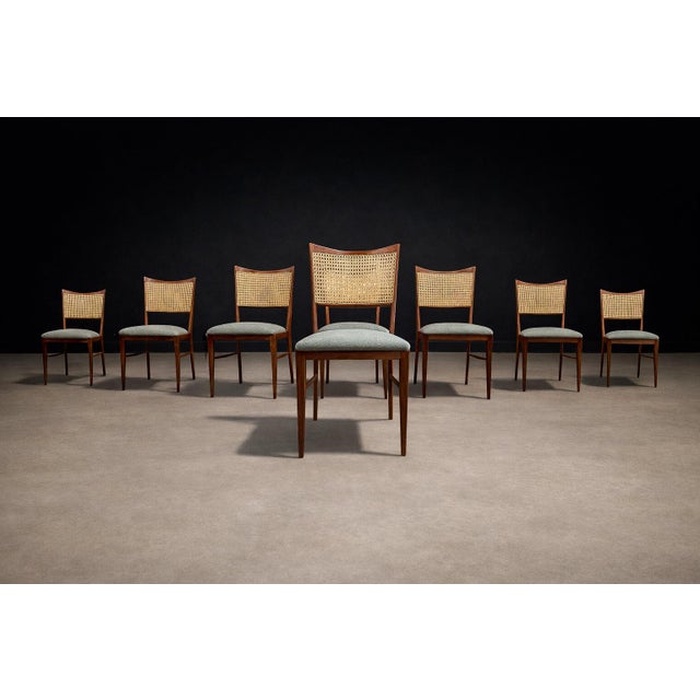 Set of Eight Brazilian Modern Dining Chairs in Caviúna, Cane & Sage Chenille, 1960s For Sale - Image 11 of 15