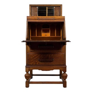 Antique English Golden Oak Secretaire with Mirrored Interior, 1900s For Sale