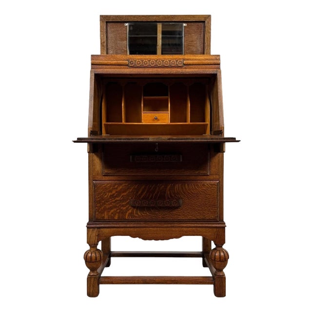 Antique English Golden Oak Secretaire with Mirrored Interior, 1900s For Sale