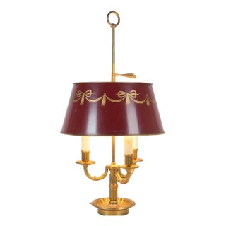 Vintage French Brass Bouillotte Table Lamp with Red Shade, 1960s For Sale