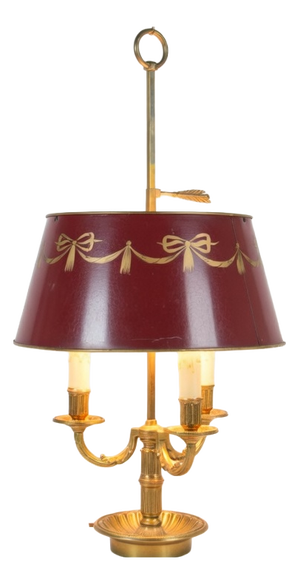 Vintage French Brass Bouillotte Table Lamp with Red Shade, 1960s