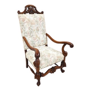 1800s French Louis XIII Walnut Throne Armchair For Sale