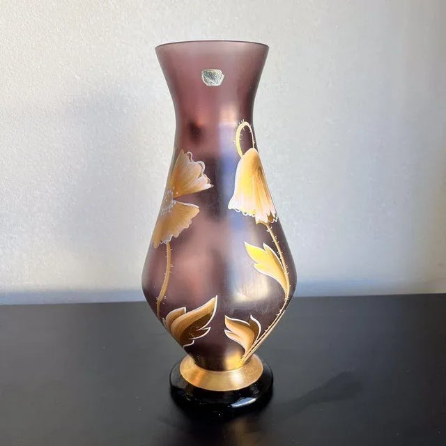 1950s 1950s Czech Art Glass Hand Painted Gold Enamel Vase For Sale - Image 5 of 8