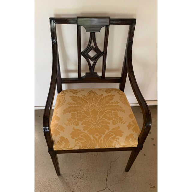 Vintage hepplewhite style armchair with Fortuny silk seat cushion fabric.