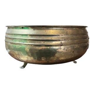 Round Footed Vintage Brass Decorative Bowl With Lion Head Details For Sale