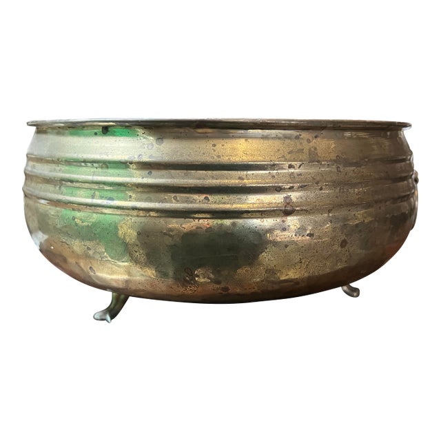 Round Footed Vintage Brass Decorative Bowl With Lion Head Details For Sale