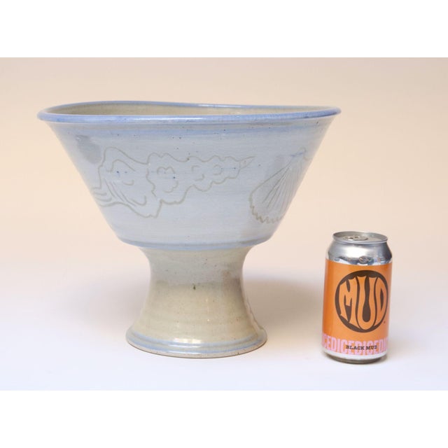Cornflower Blue Vintage Incised Studio Pottery Compote Vase With Shell Motif by Deanna Nichols For Sale - Image 8 of 17