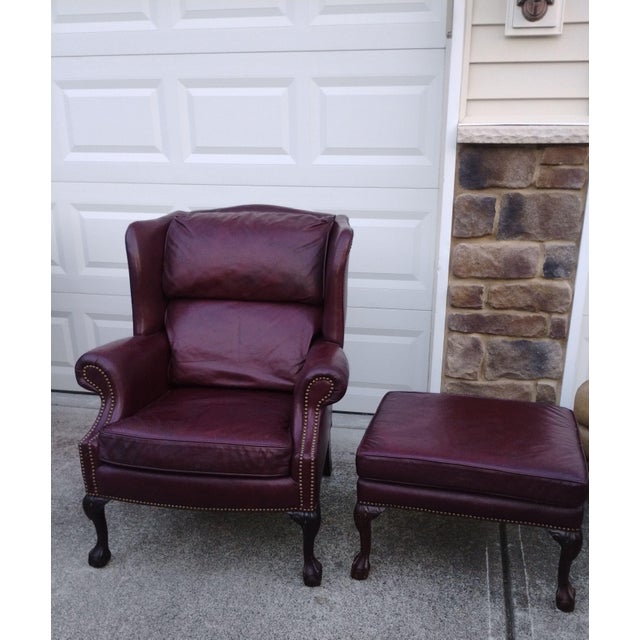 1990s Timeless Elegance Meets Executive Comfort: The Classic Leather Wingback Chair & Ottoman Set For Sale - Image 9 of 10
