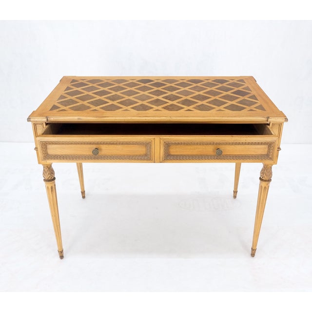 Carved Walnut Fine Marquetry Top Two Drawers Low Profile Desk Writing Table