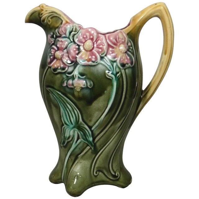 Early 1900s Majolica Pink Flowers Pitcher Onnaing For Sale In Austin - Image 6 of 6
