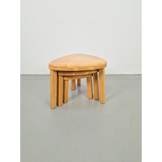 Sculptural nesting tables in oak, Pierre Chapo, 1970s, set of 3, French Set of 3 handcrafted traingular side tables in...