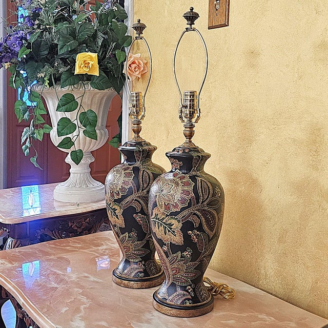 Pair of Bradburn Gallery Hand-Painted Floral Ceramic Table Lamps With Shades For Sale - Image 11 of 18