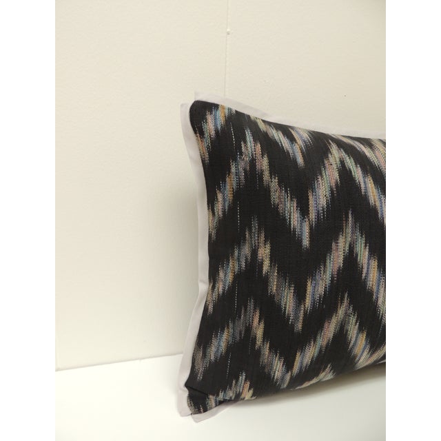 Boho Chic Vintage Blue and Black Woven Ikat Decorative Lumbar Pillow For Sale - Image 3 of 4