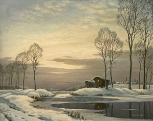 Roger Charles Desoutter 20th Century Painting of a River Landscape Winter Snow Scene With Gypsy Caravans, 1981
