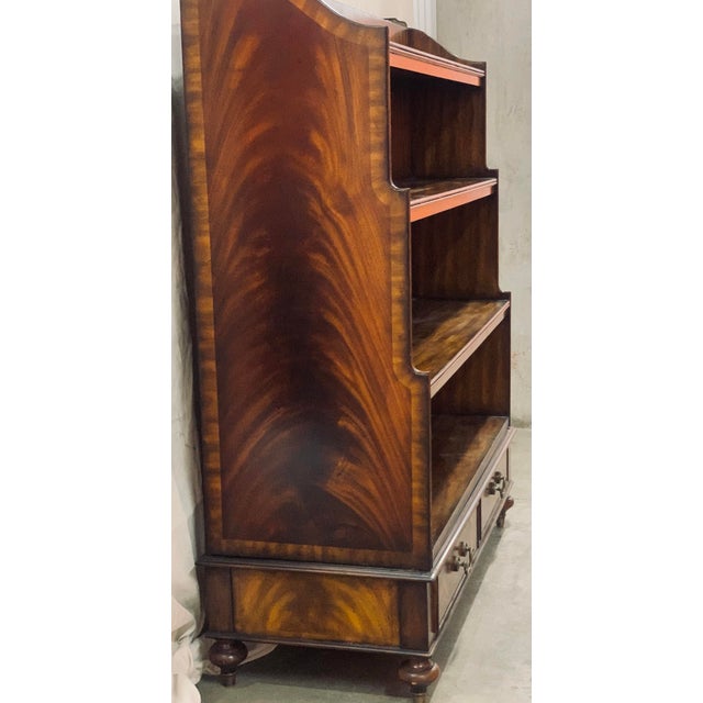 Rare Maitland-Smith Regency Style Pivoting Mahogany Bookcase and Flat Screen Tv Stand With Fretwork Gallery Rail and Drawer Pulls in Brass For Sale In San Antonio - Image 6 of 12