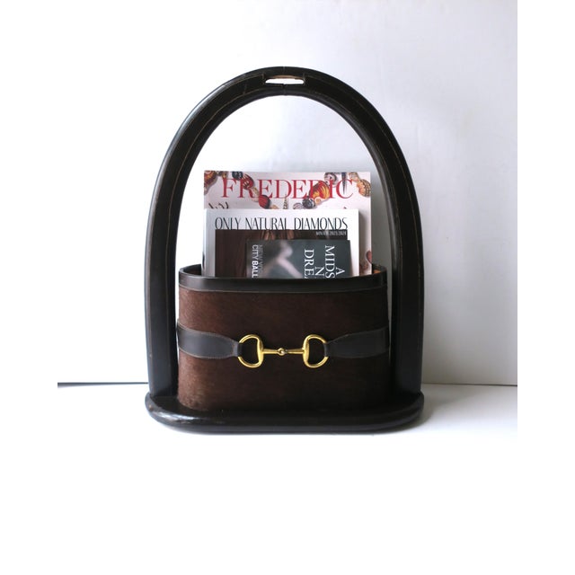 Italian Gucci Attrib. Italian Leather Brass Bit Magazine Mail Holder For Sale - Image 3 of 12