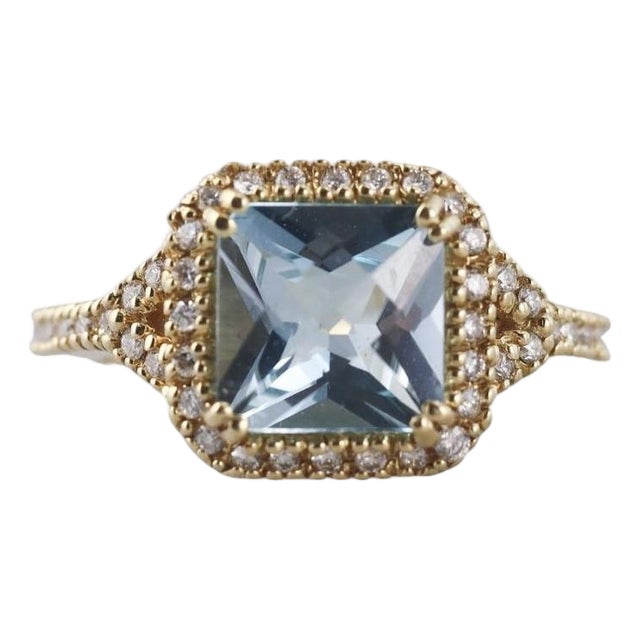 18k Gold Blue Topaz Diamond Ring Vintage For Sale
