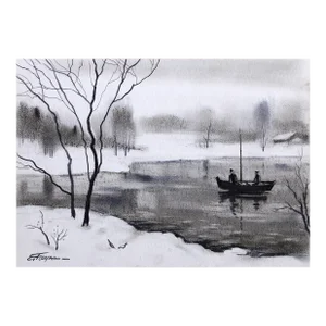Winter Fishing, Erik Freyman Watercolor With Pastels on Paper, Signed in Pen