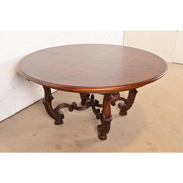 Brown Henredon Italian Provincial Carved Walnut and Burl Wood Pedestal Extension Dining Table, Newly Refinished For Sale - Image 8 of 14